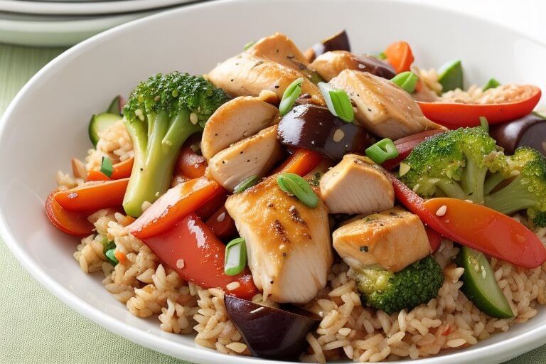 Chicken and vegetable stir-fry with brown rice