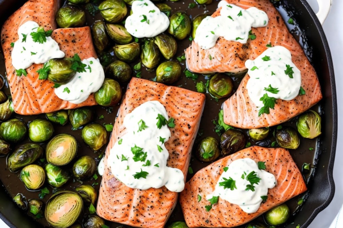 Keto baked salmon with horseradish cream sauce and roasted Brussels sprouts