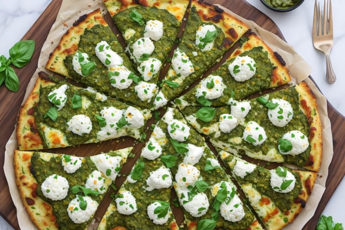 Keto cauliflower pizza with pesto and mozzarella