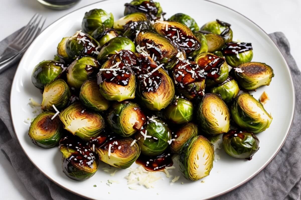 Roasted Brussels Sprouts with Parmesan Cheese and Balsamic Glaze