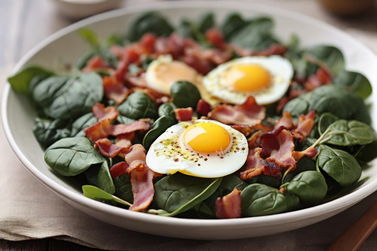 14. Breakfast Salad with Spinach, Egg, and Bacon