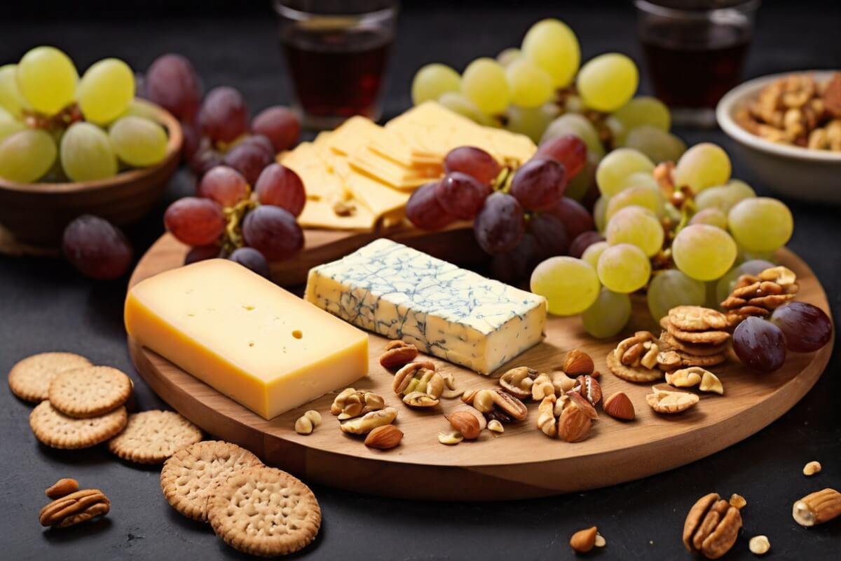 Cheese and crackers with grapes and nuts