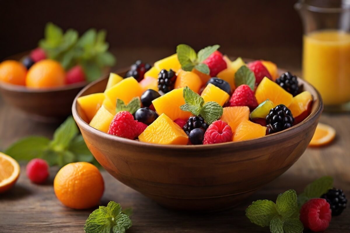 Fruit salad with mint and orange juice