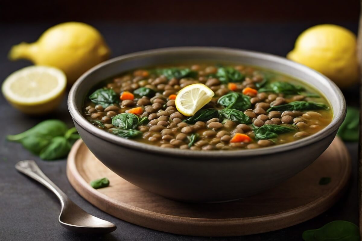 Lentil soup with spinach and lemon