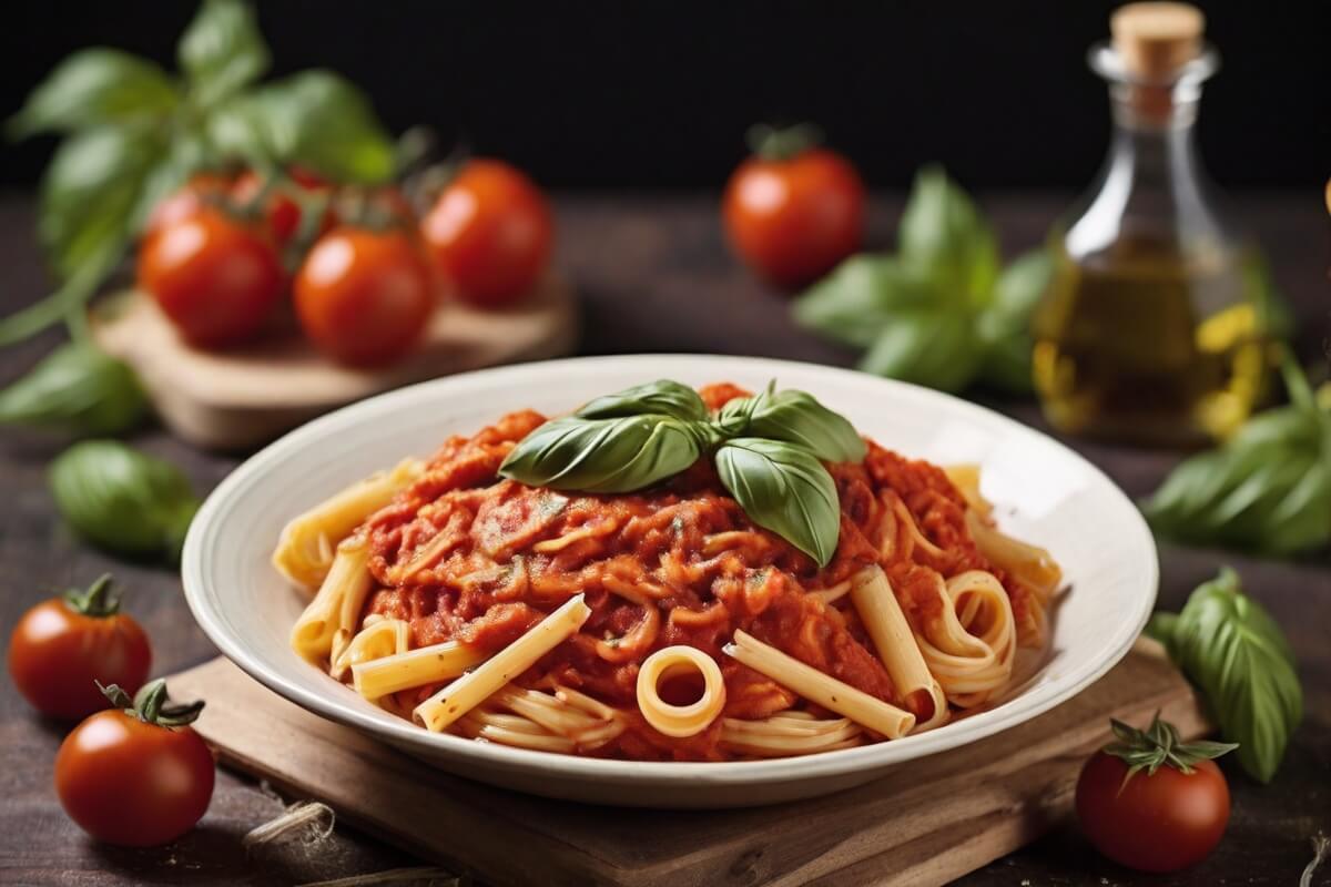 Pasta with tomato sauce and basil